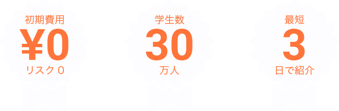 初期費用0円リスク0・学生数30万人・最短3日で紹介